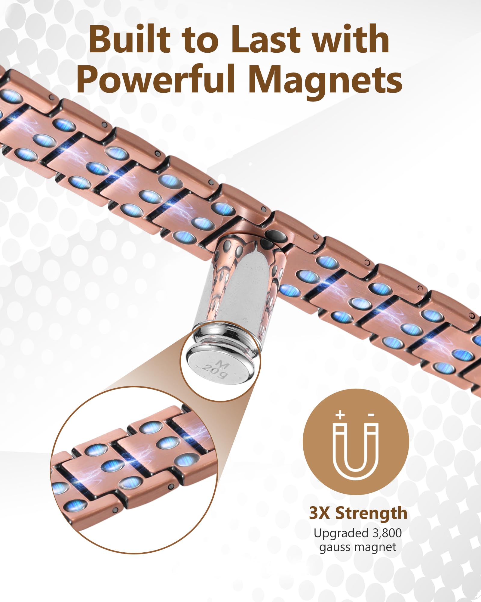 Close-up of Feraco copper jewelry showing magnets and premium finish.