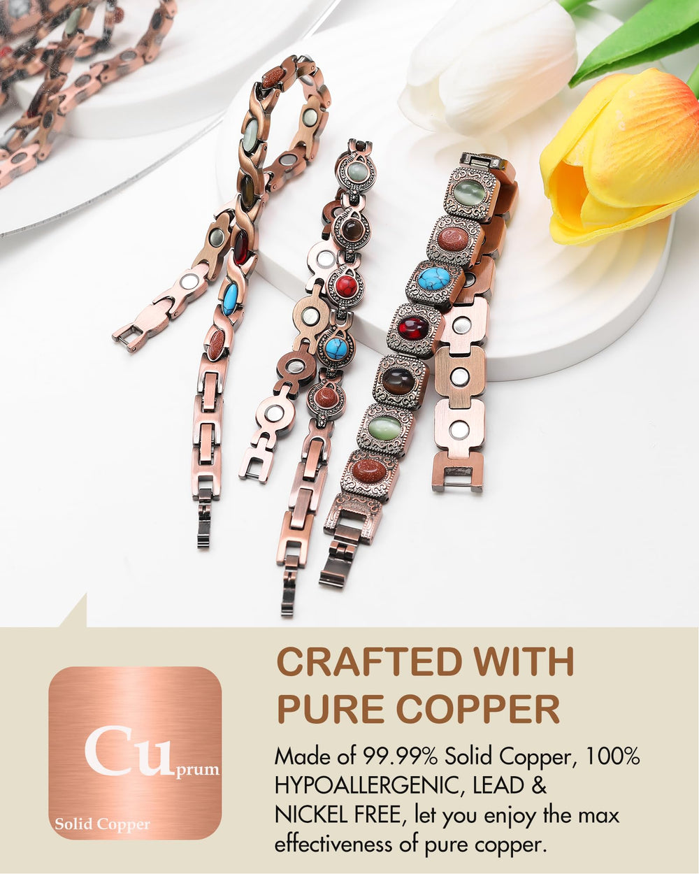 Feraco copper magnetic bracelet with visible magnet inlay for enhanced daily wear