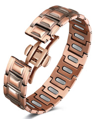Feraco copper magnetic bracelet closeup shows warm patina for daily wear.