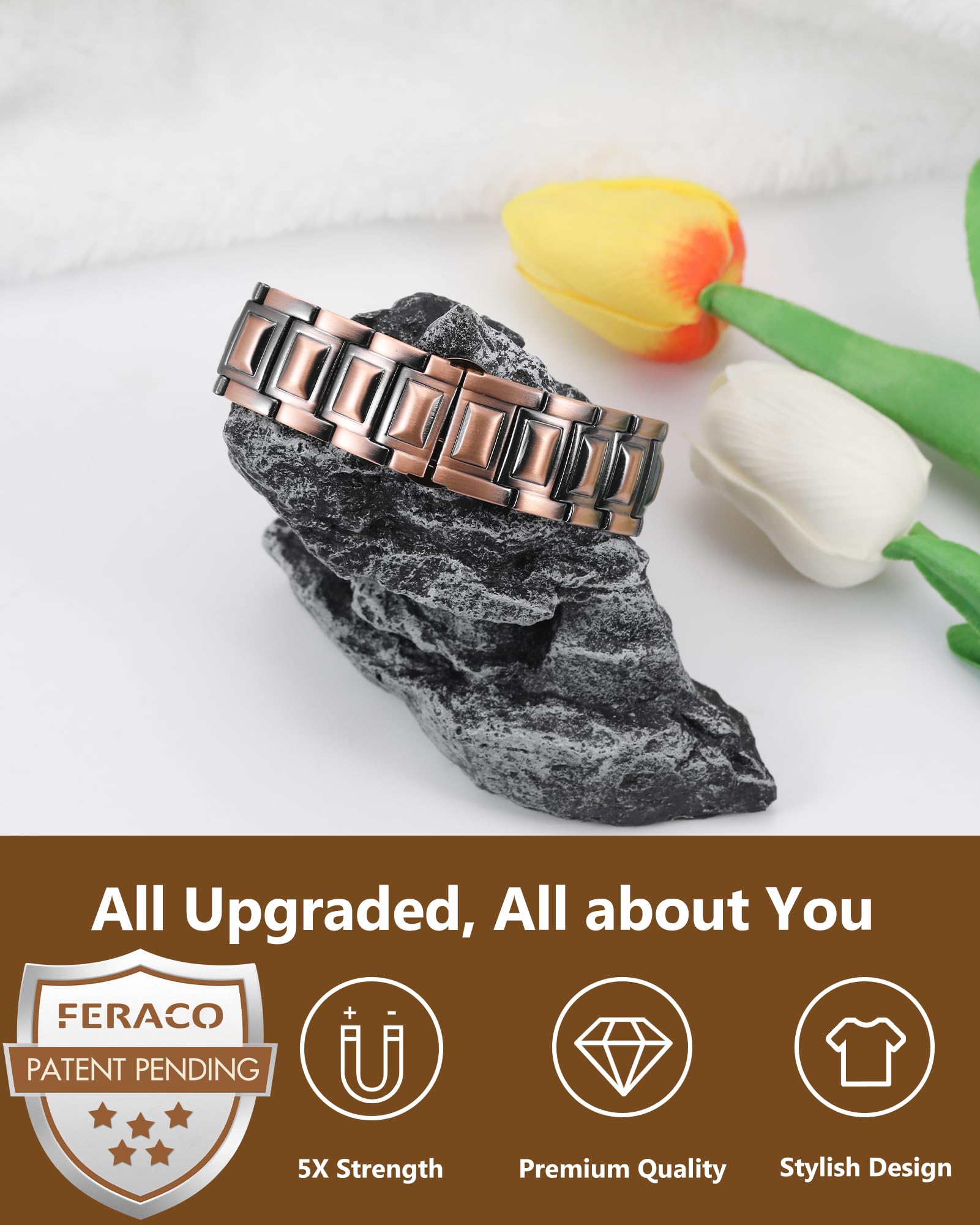 Feraco copper bracelet textured surface complements day-to-evening outfits.