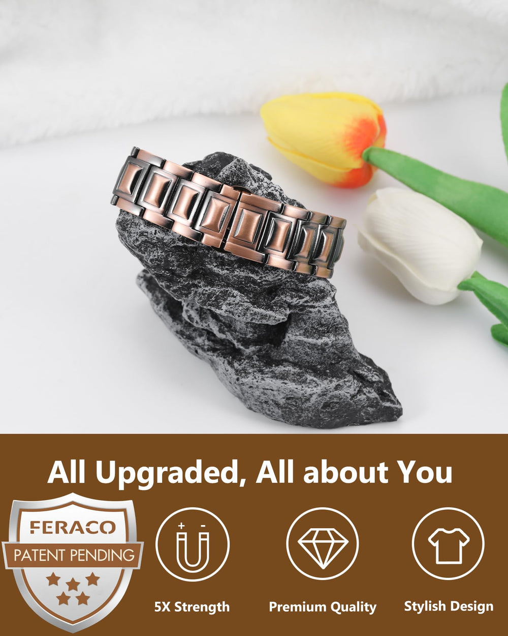 Feraco copper bracelet textured surface complements day-to-evening outfits.