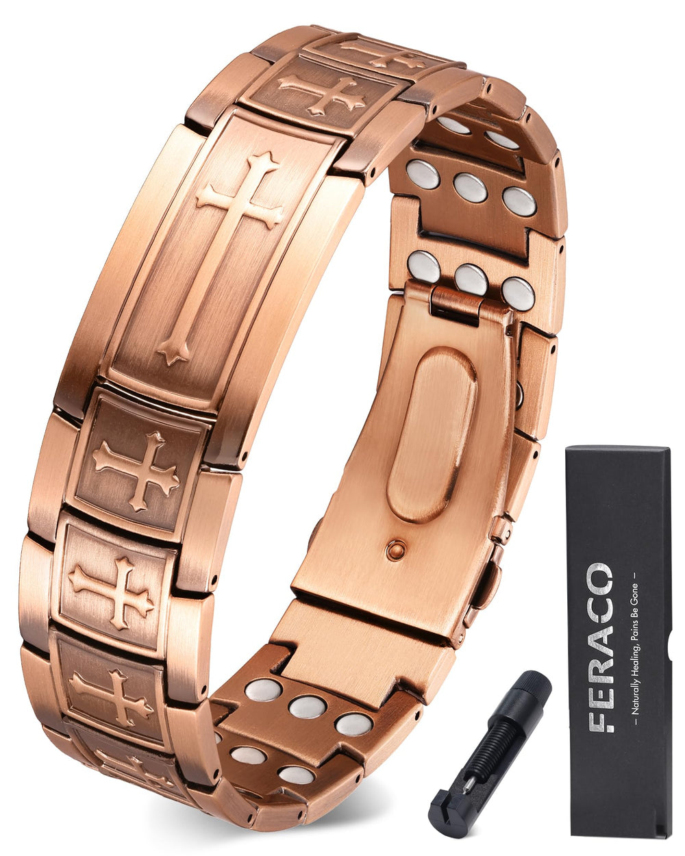 Feraco Copper Magnetic Cross Bracelet close-up highlights durable copper finish for daily wear.