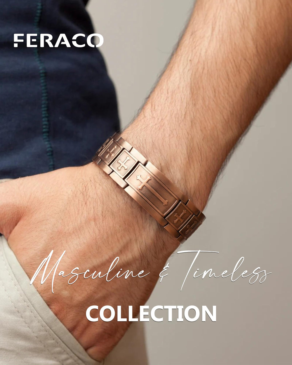 Feraco bracelet on wrist showcases comfortable fit and subtle magnetic design for everyday use.