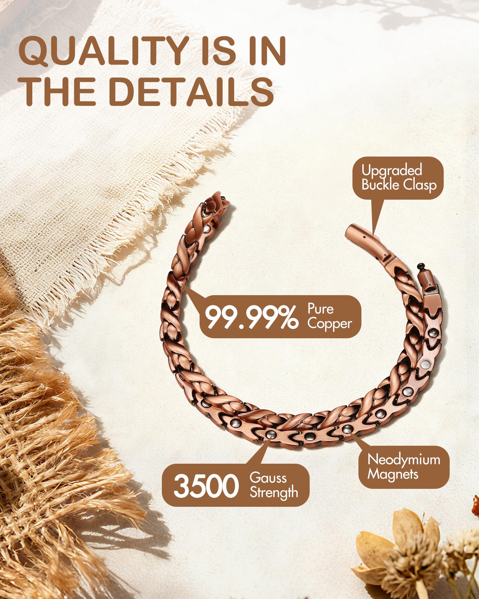 Feraco copper necklace buckle clasp close-up for easy on and off.