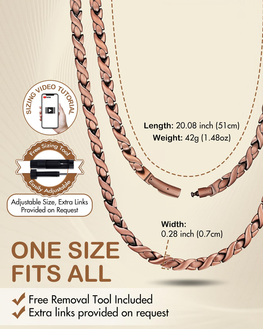 Feraco copper necklace hypoallergenic finish close-up for skin-friendly wear.