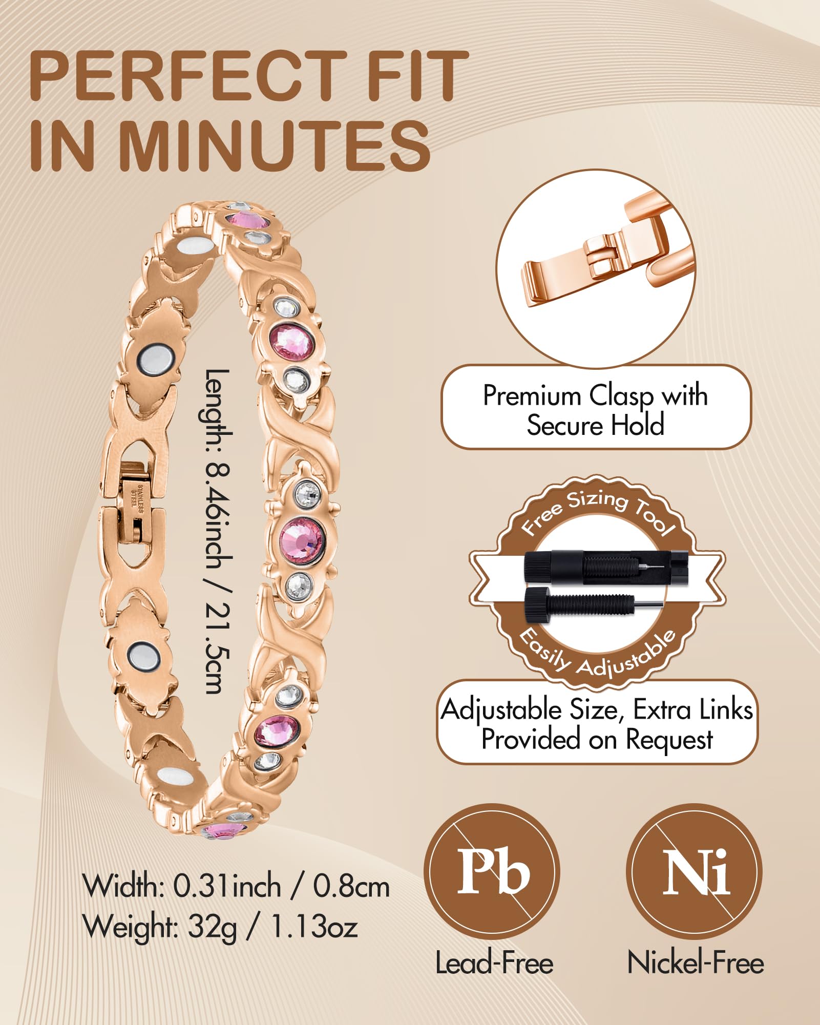Feraco easy-press clasp ensures secure wear and easy on/off.