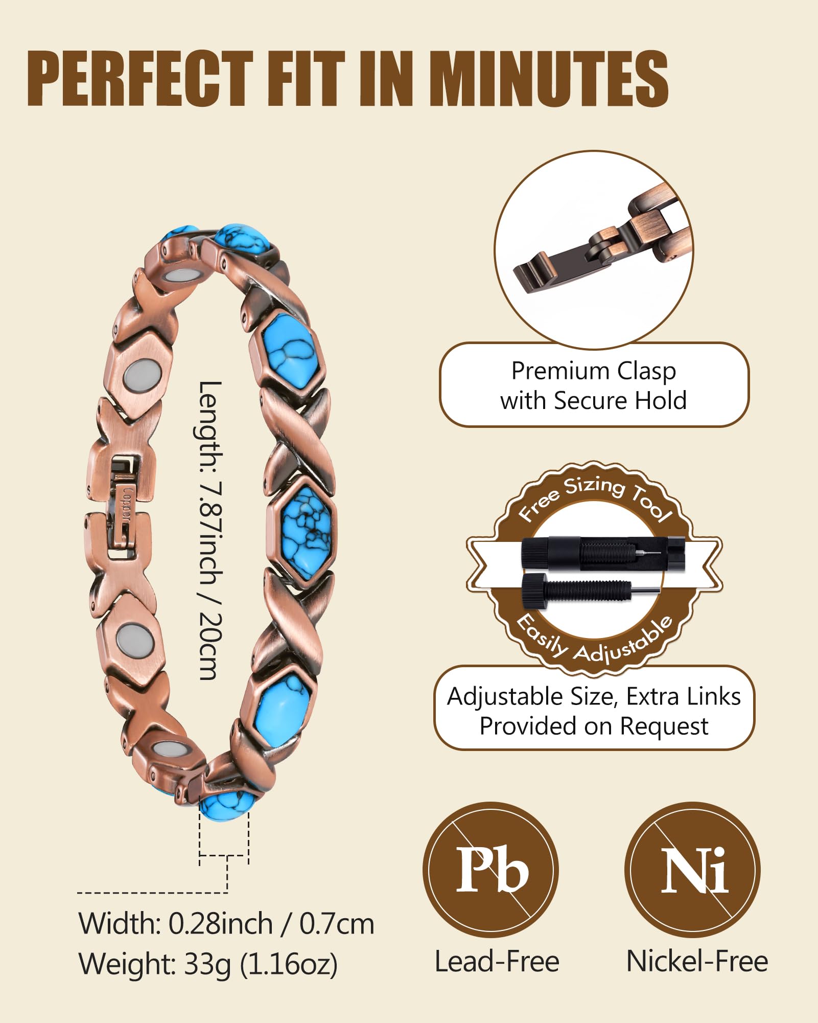 Feraco hypoallergenic copper jewelry free from lead and nickel.