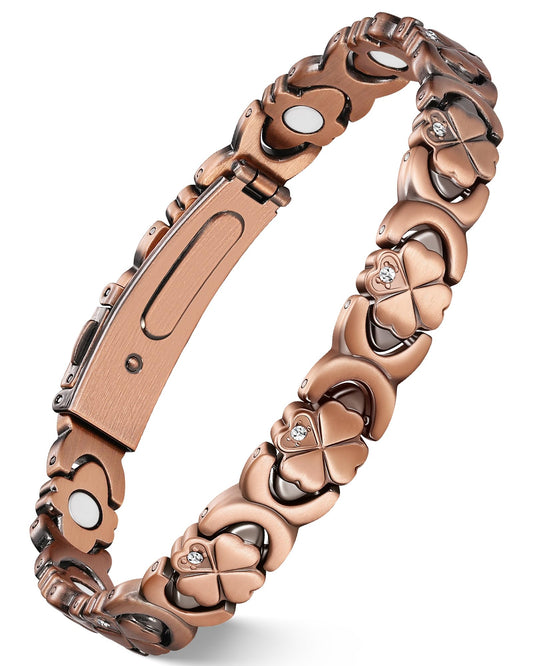Feraco Infinite Clover copper magnetic bracelet on wrist for daily elegance.