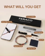 Gift box layout for Feraco Luna bracelet with sizing tool