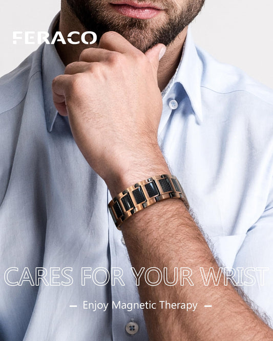 Feraco magnetic bracelet with 57 magnets, 3800 Gauss each for balanced energy flow.