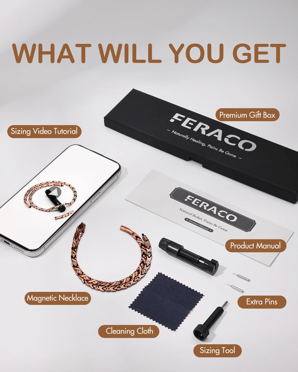 Feraco magnetic necklace adjustment tool included close-up for quick sizing.