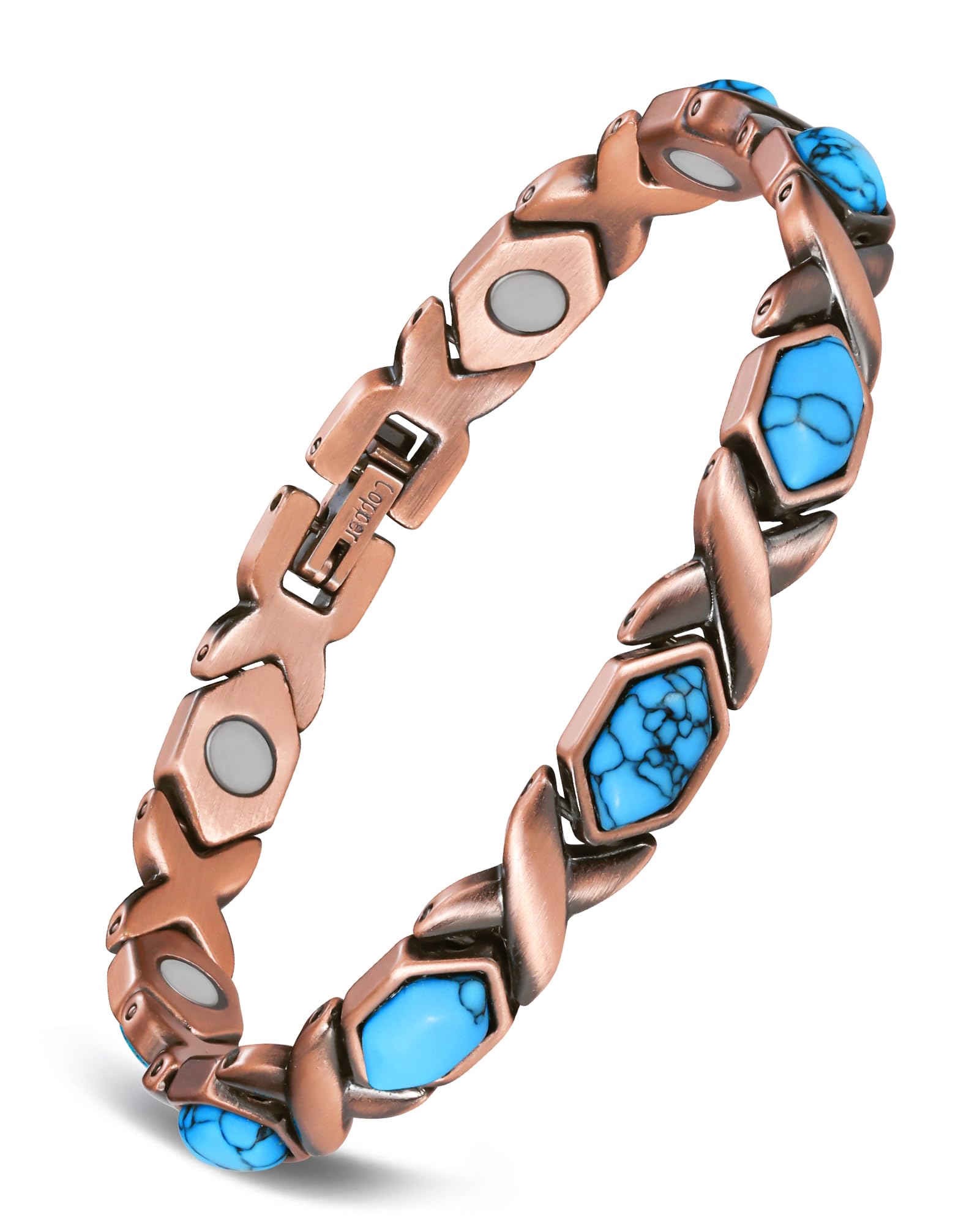 Feraco Ocean Whisper copper bracelet with infinity motif, turquoise accents, ideal for daily refinement.