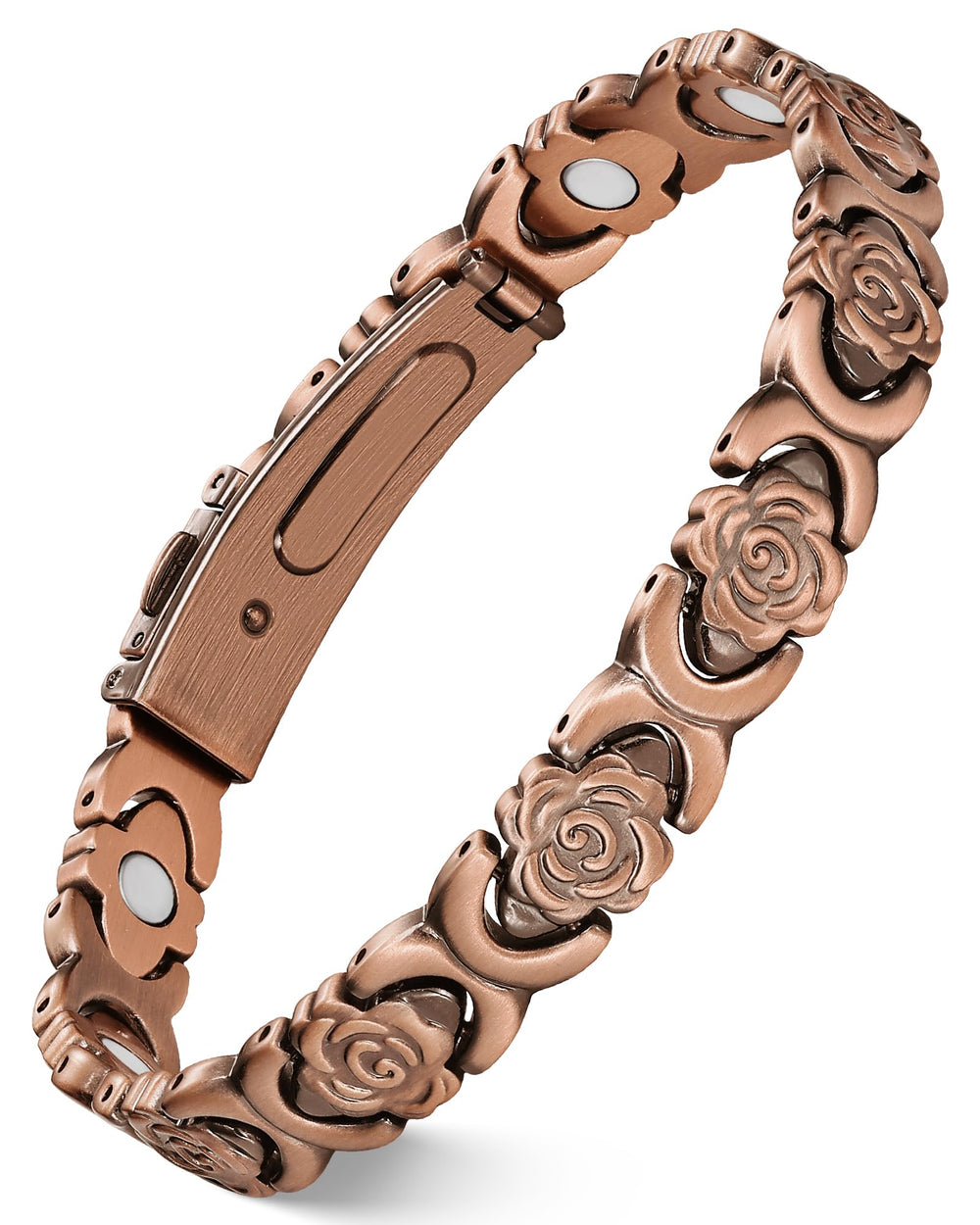 Feraco rose-engraved links bracelet on wrist, elegant daily wear