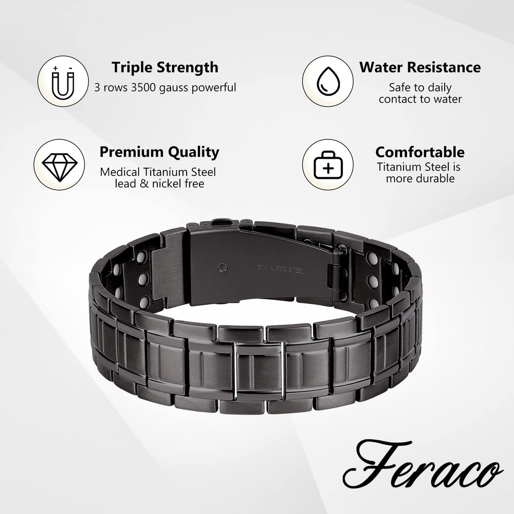Feraco titanium steel is hypoallergenic, waterproof, and durable