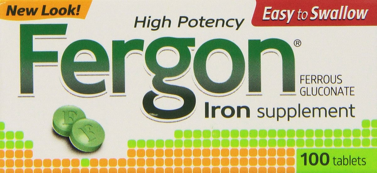 Fergon iron supplement tablets front view, convenient daily iron source.