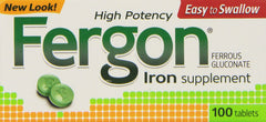 Fergon iron supplement tablets front view, convenient daily iron source.