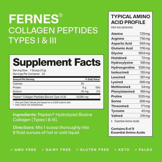 Fernes collagen powder being poured into a smoothie for daily support