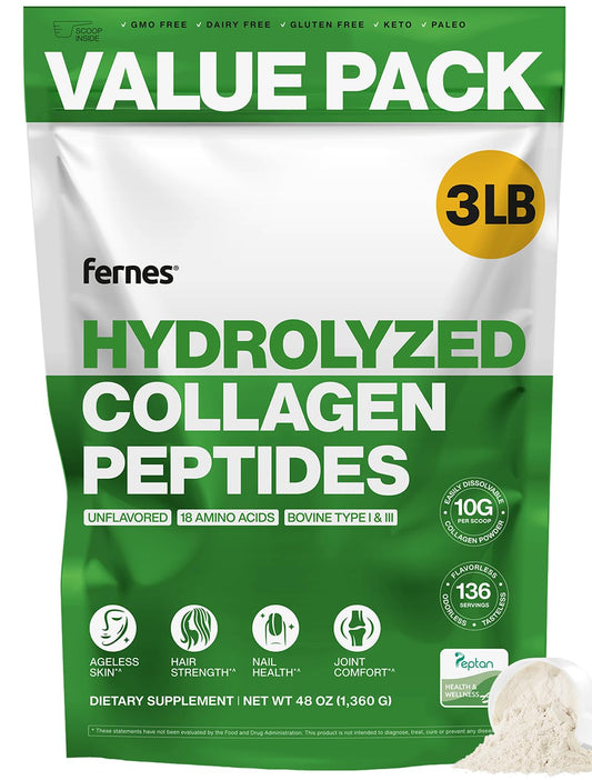 Fernes hydrolyzed collagen powder jar shown, premium unflavored peptides for skin, nails, and joints.