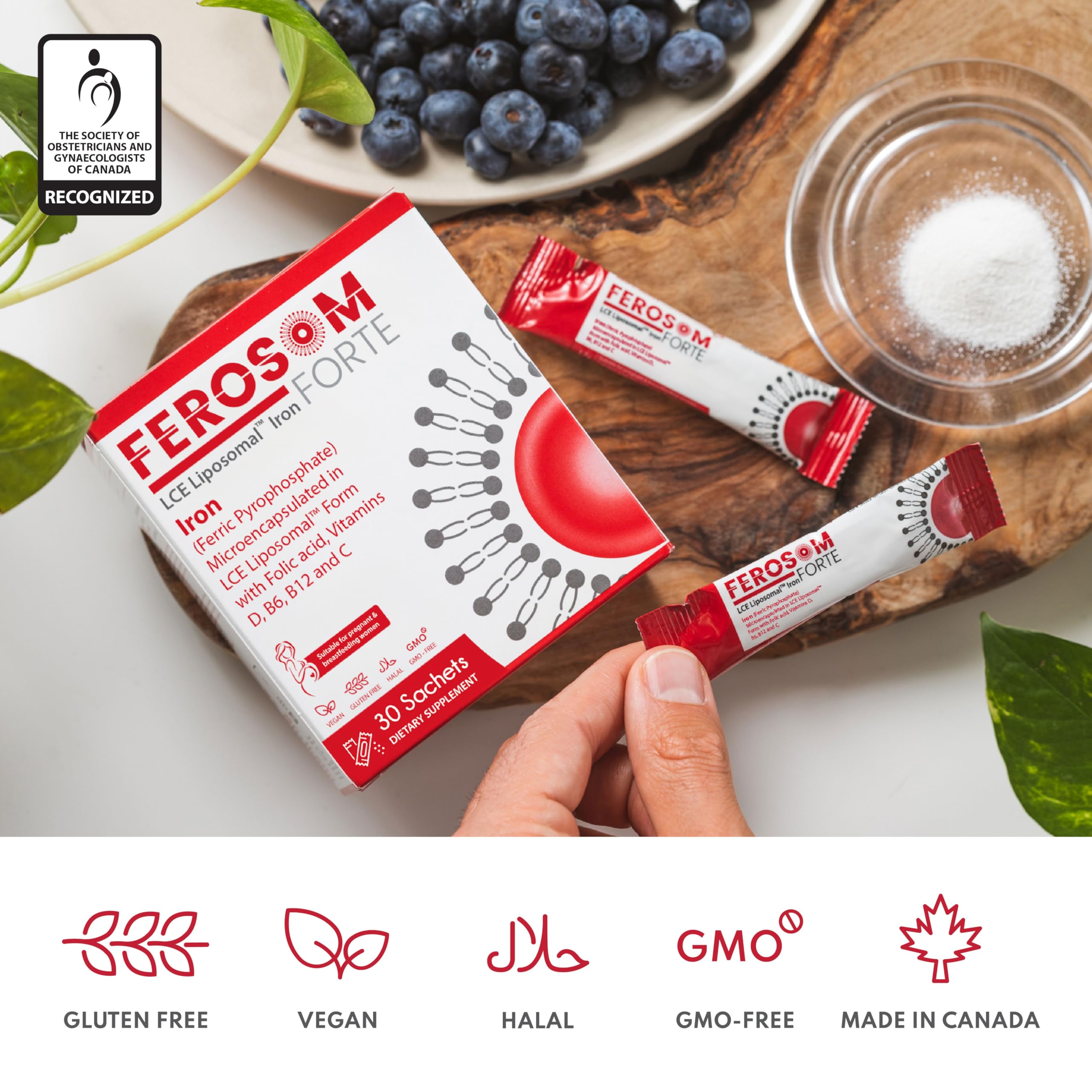 Ferosom Forte LCE powder being dispensed with fine texture for easy mixing.