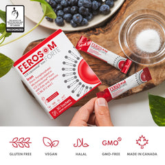 Ferosom Forte LCE powder being dispensed with fine texture for easy mixing.