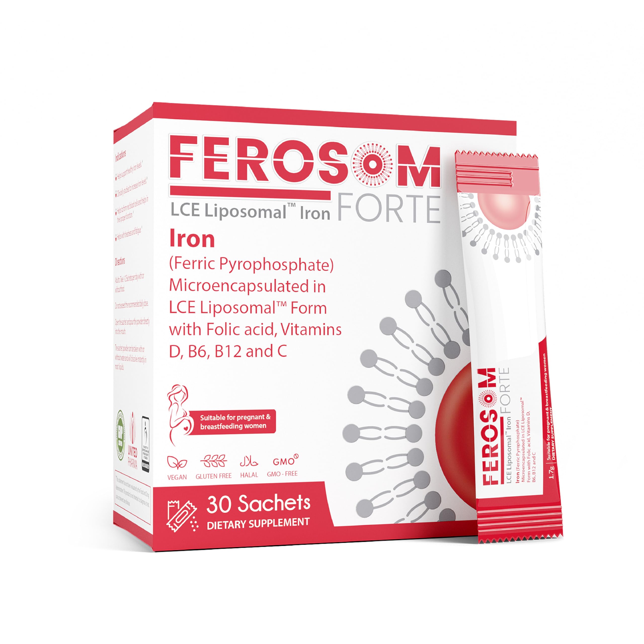 Ferosom Forte LCE liposomal iron sachet packshot for convenient daily iron support.