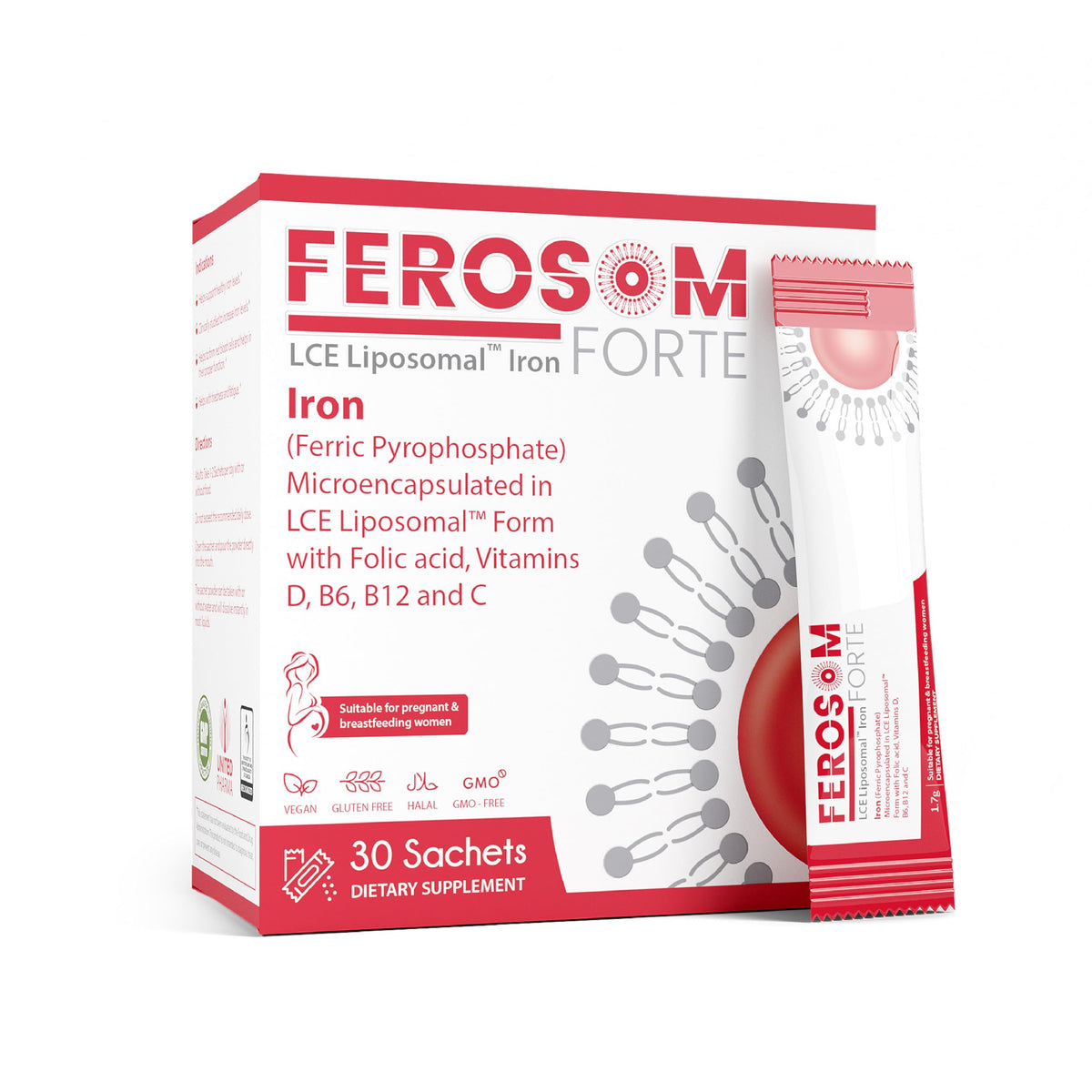 Ferosom Forte LCE liposomal iron sachet packshot for convenient daily iron support.