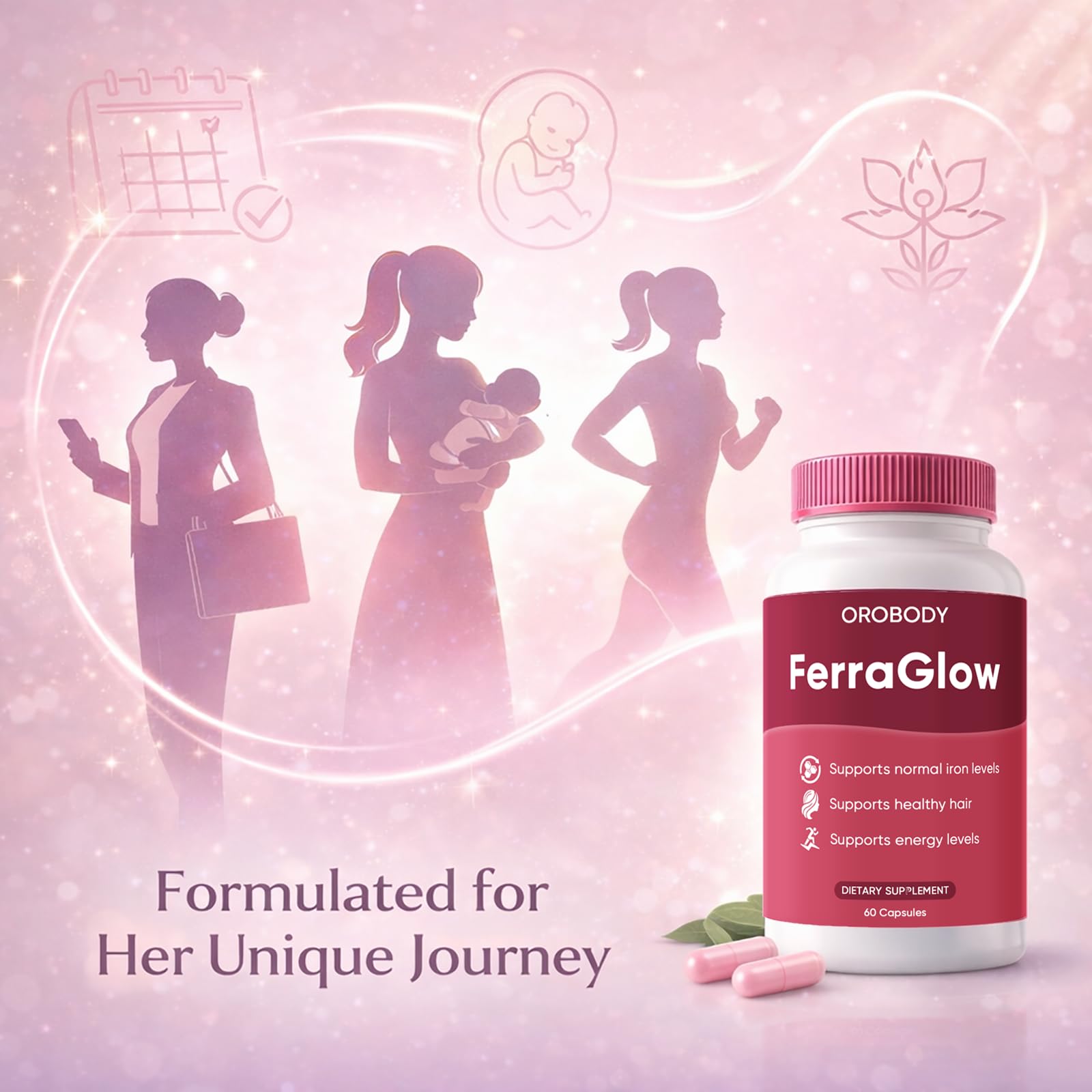 Capsules on plate suggesting daily iron for balanced nutrition.
