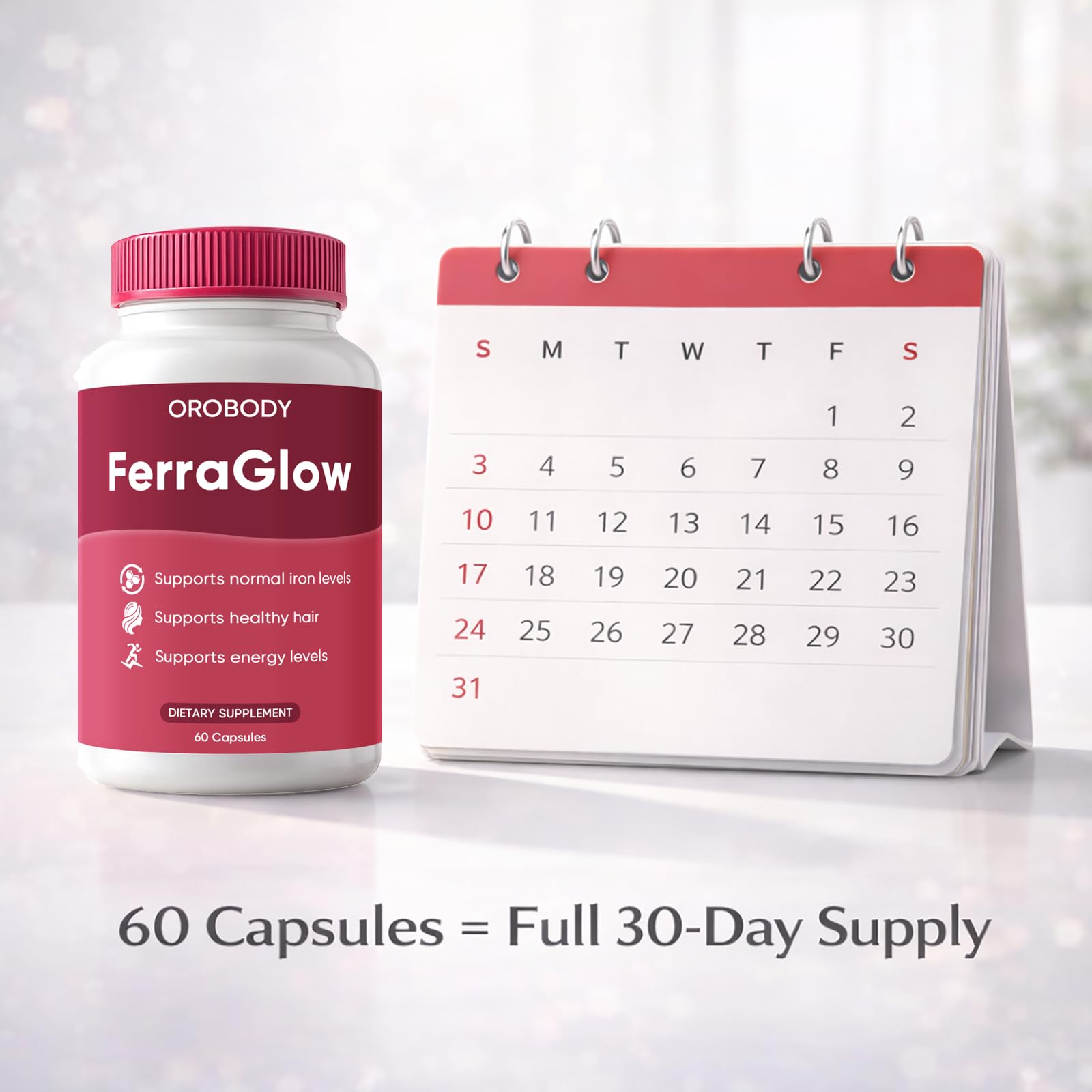 Soft light shot of Ferraglow capsules implying gentle daily use.