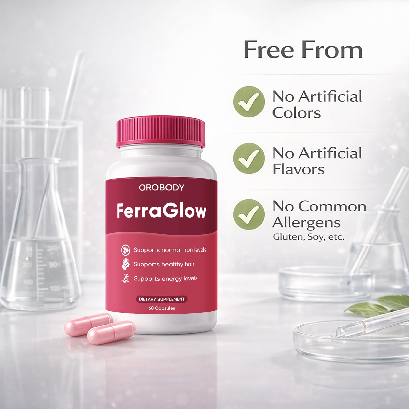 Luxurious Ferraglow iron vial with soft lighting suggest premium feel.