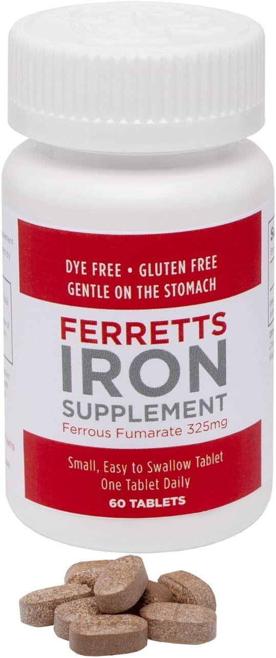 Ferretts Iron Tablets bottle back label — clear dosage guidance for daily use