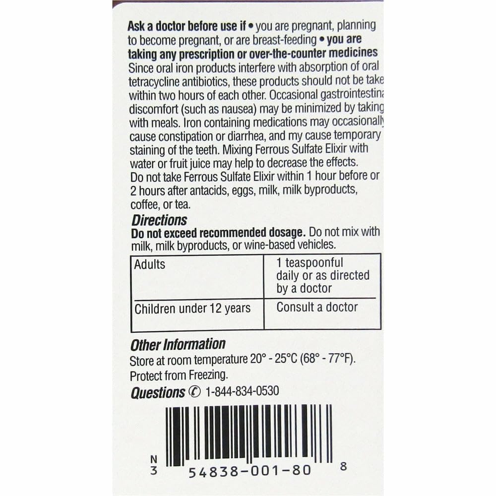 Ferrous Sulfate Elixir 4-pack display for households or clinics.