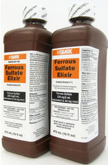 Ferrous Sulfate Elixir bottle front view, showcasing a 16 oz size for long-term use.