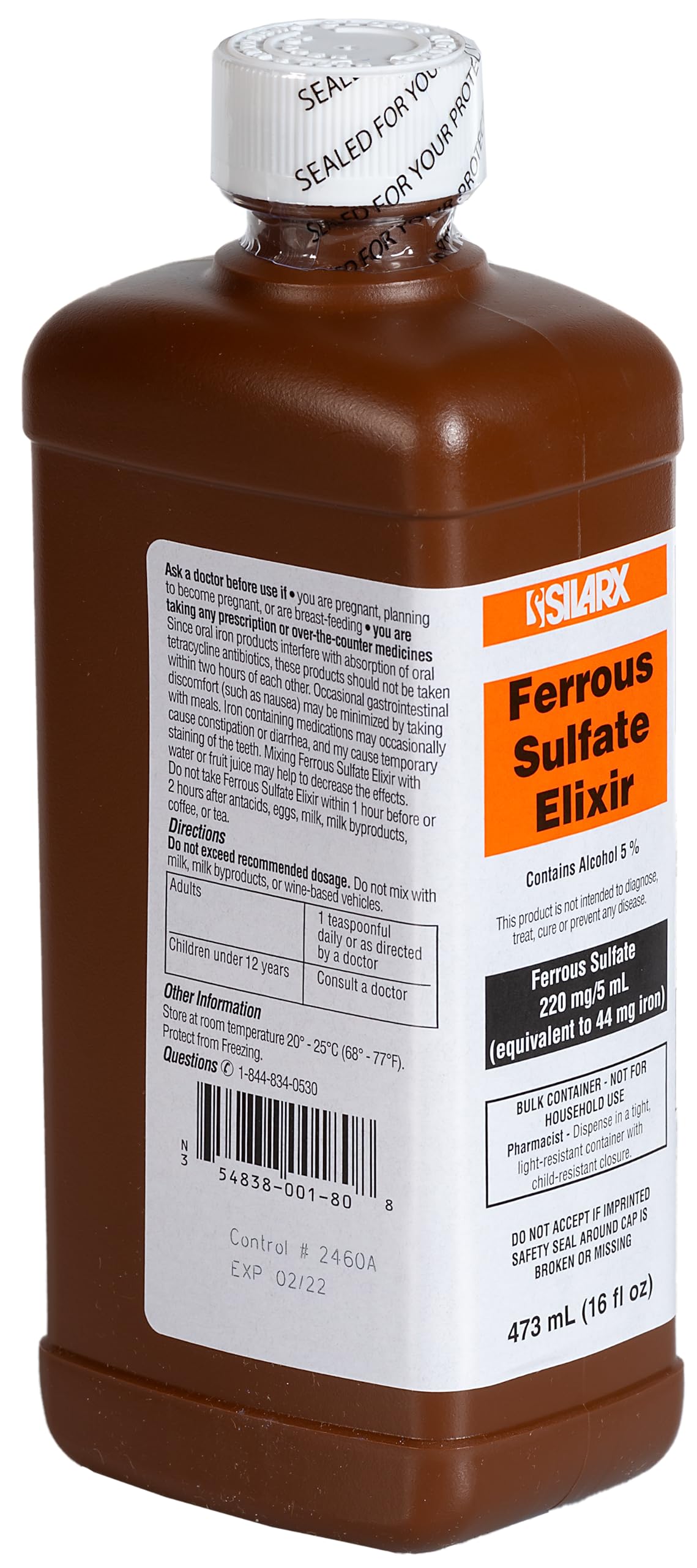 Ferrous Sulfate Elixir pour spout over a glass, convenient dosing for daily iron.
