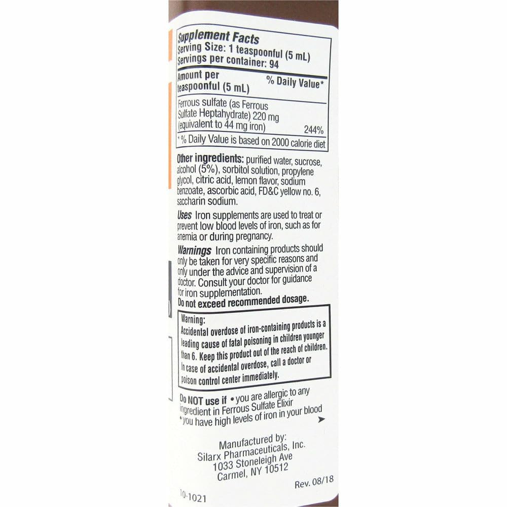 Ferrous Sulfate Elixir bottle label close-up highlighting iron content and dosing.
