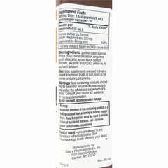 Ferrous Sulfate Elixir bottle label close-up highlighting iron content and dosing.