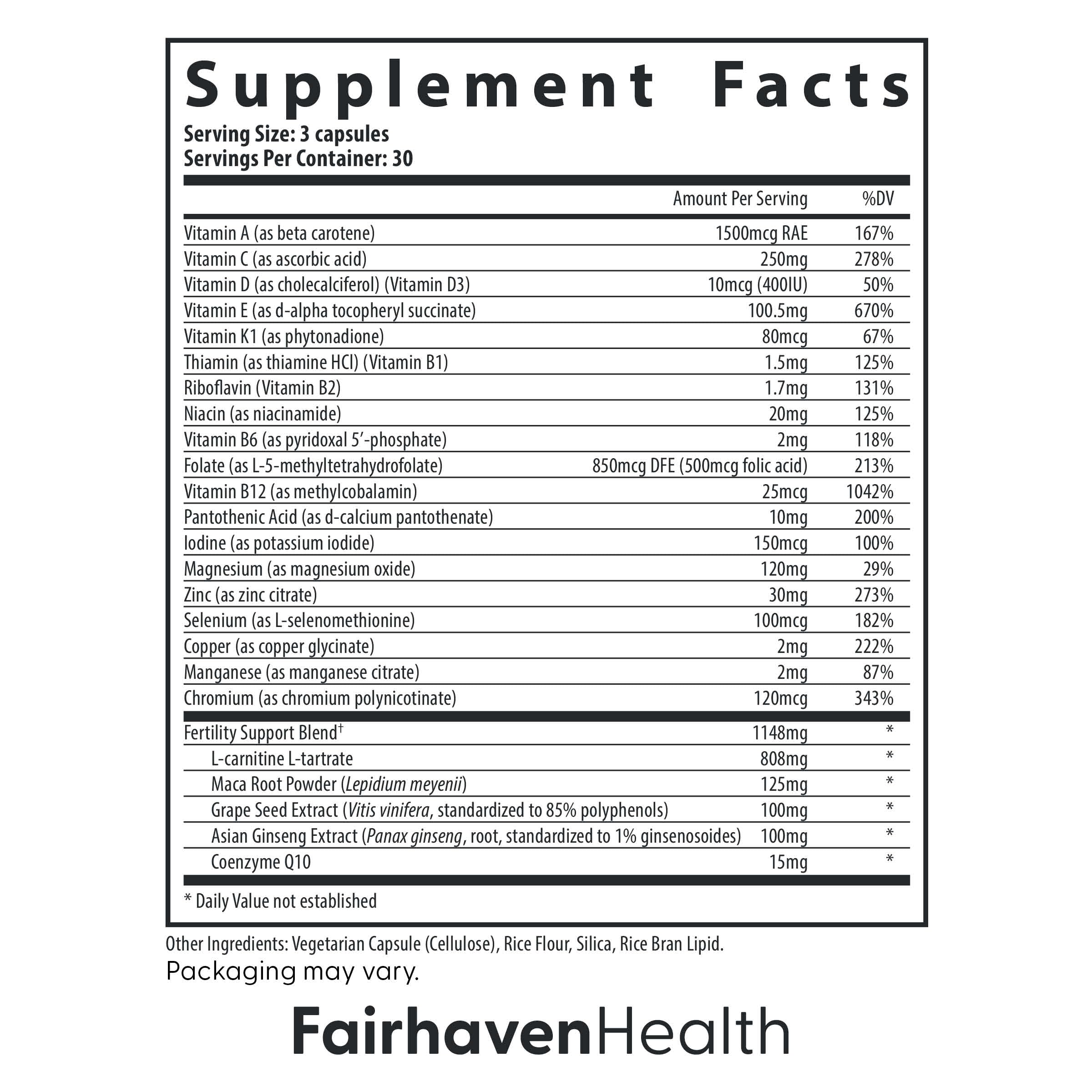 Ingredient chart for FertilAid for Men showing L‑carnitine, zinc, and folate.