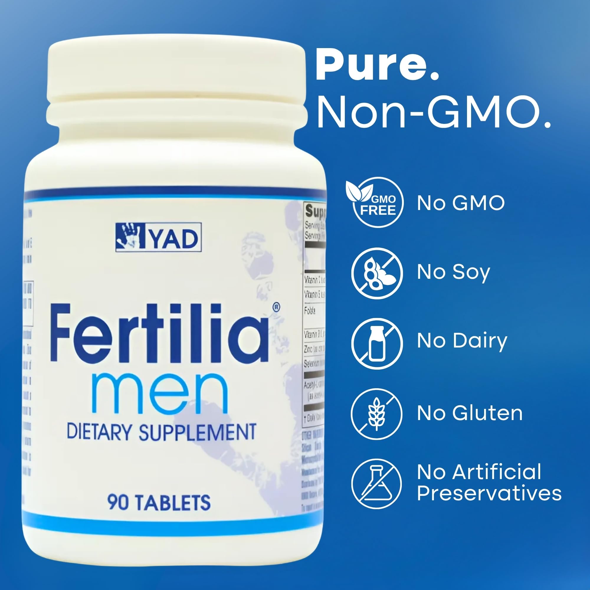 Fertilia Men packaging highlights non-GMO, gluten-free, and dairy-free attributes.