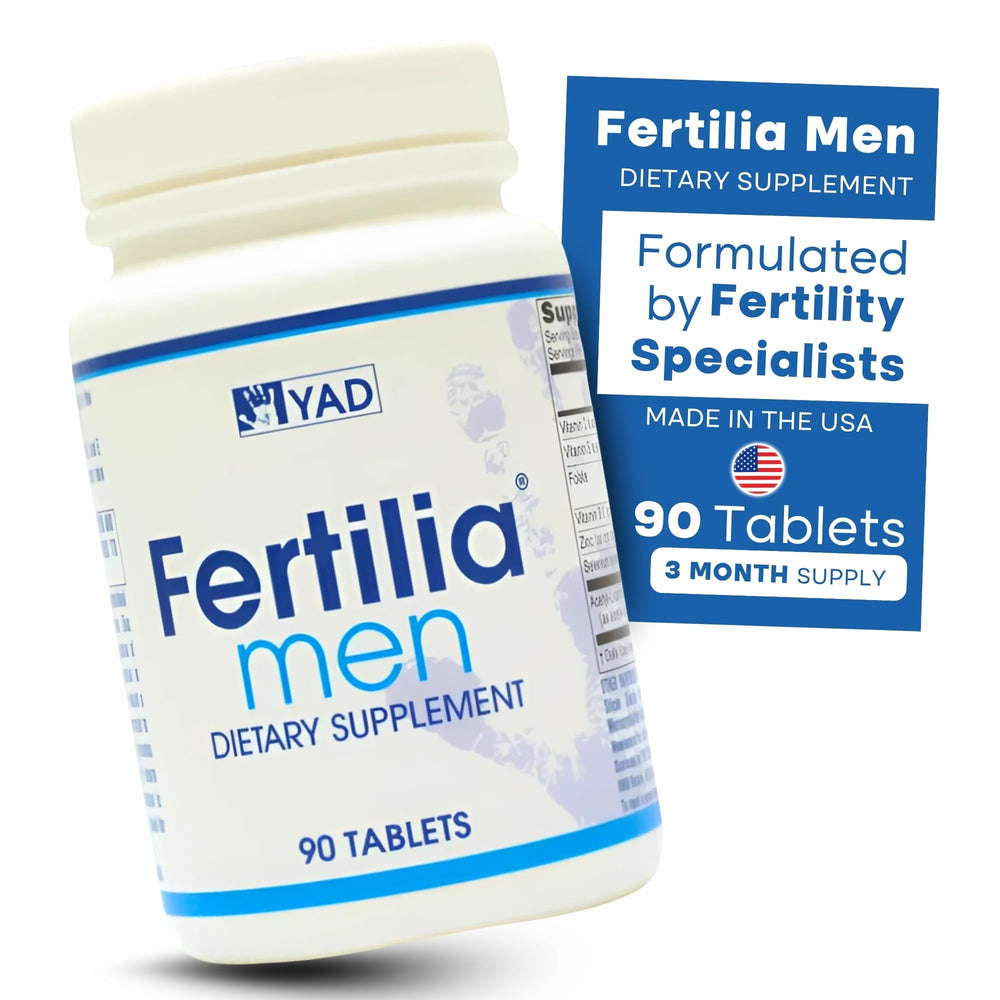 Fertilia Men label shows Acetyl L-Carnitine and zinc for antioxidant support.
