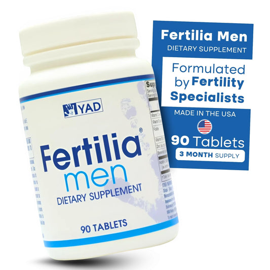 Fertilia Men label shows Acetyl L-Carnitine and zinc for antioxidant support.