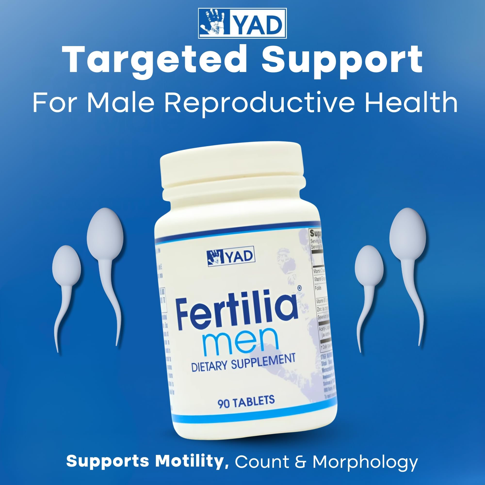 Fertilia Men bottle with glass of water for easy daily intake.