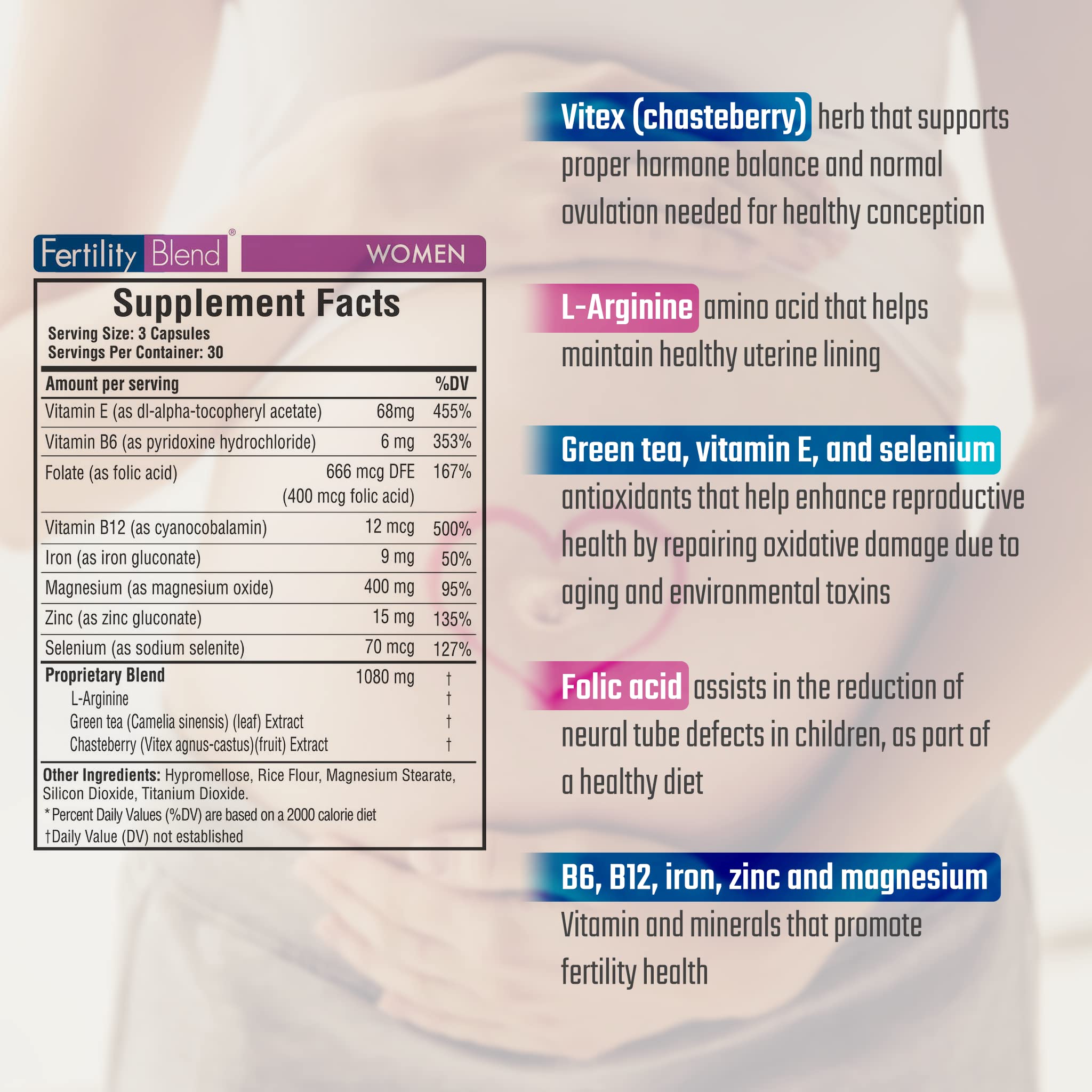 Fertility Blend capsules close-up, easy daily tablets for wellness support.