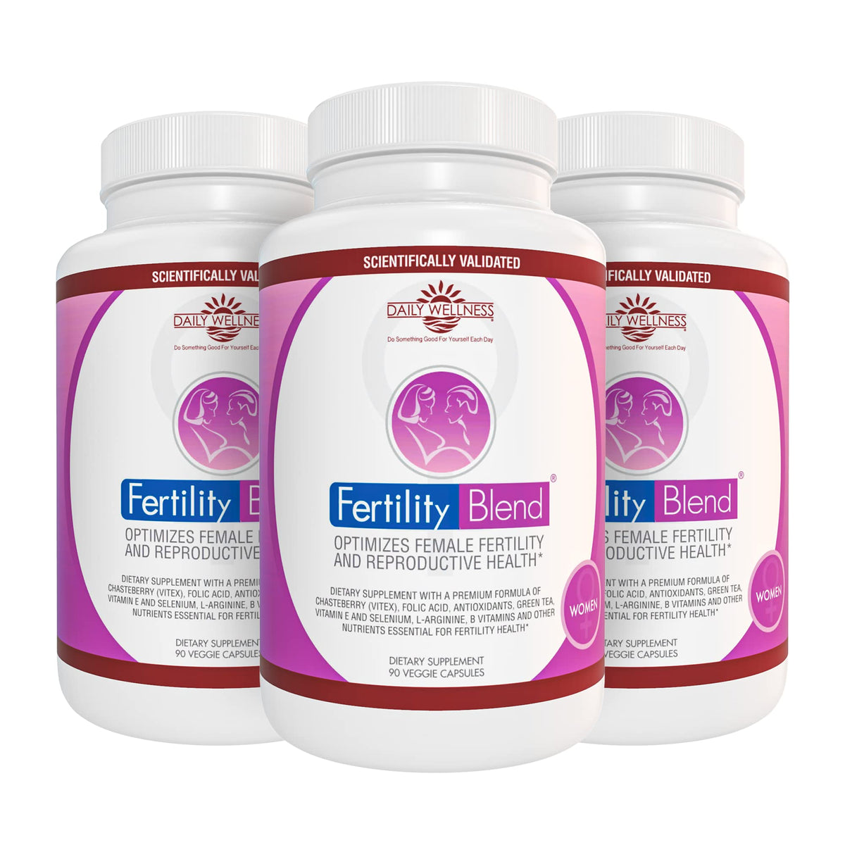 Fertility Blend Daily Wellness bottle shown, supports balanced hormones and cycle comfort.