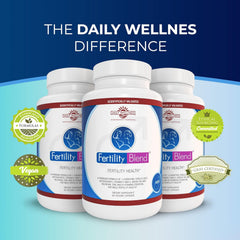 Fertility Blend Daily Wellness capsules closeup highlighting herbal vitamin blend.