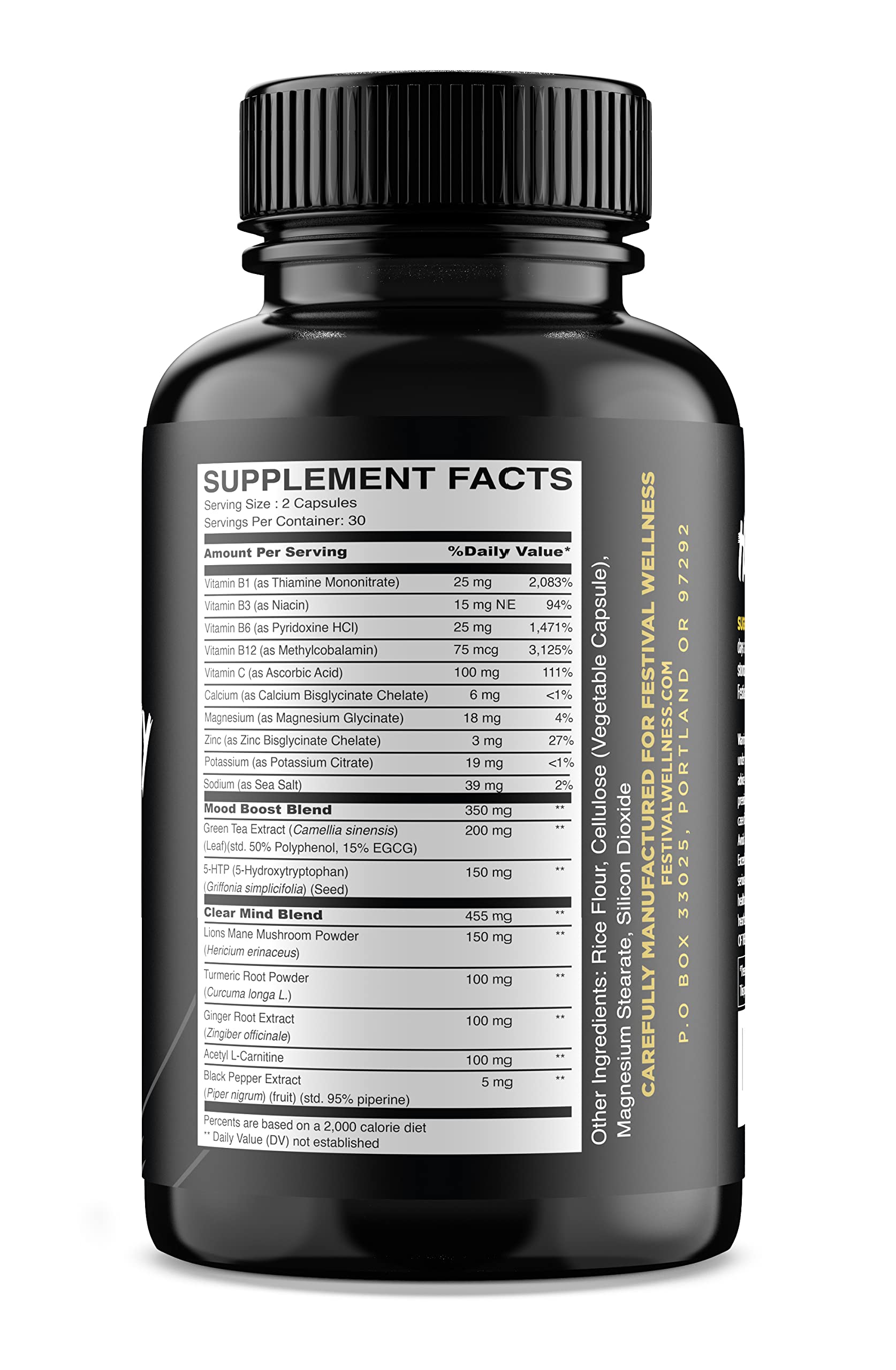 Harmony bottle back highlights vegan capsules and electrolyte replenishment.