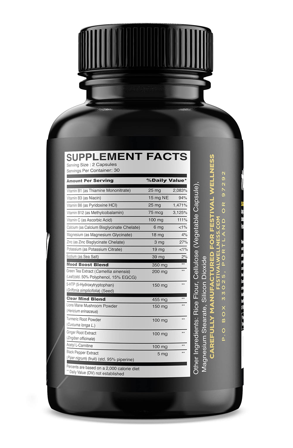 Harmony bottle back highlights vegan capsules and electrolyte replenishment.