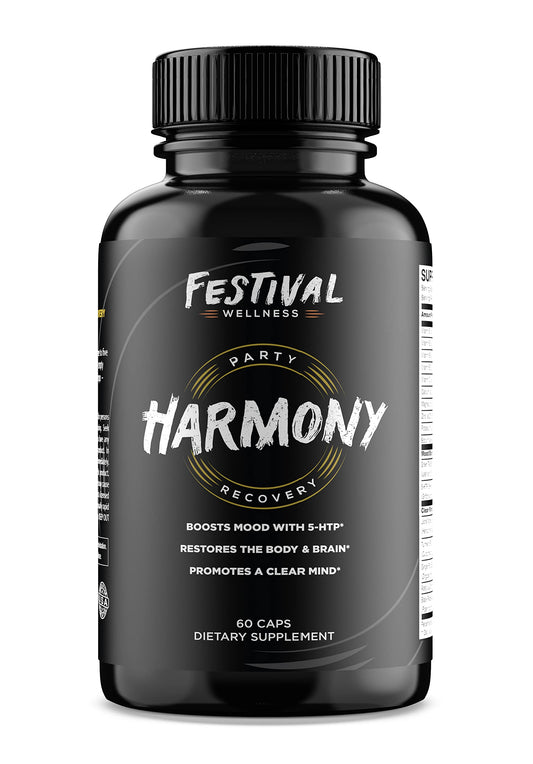 Harmony bottle front from Festival Wellness, post-festival recovery and mood support.