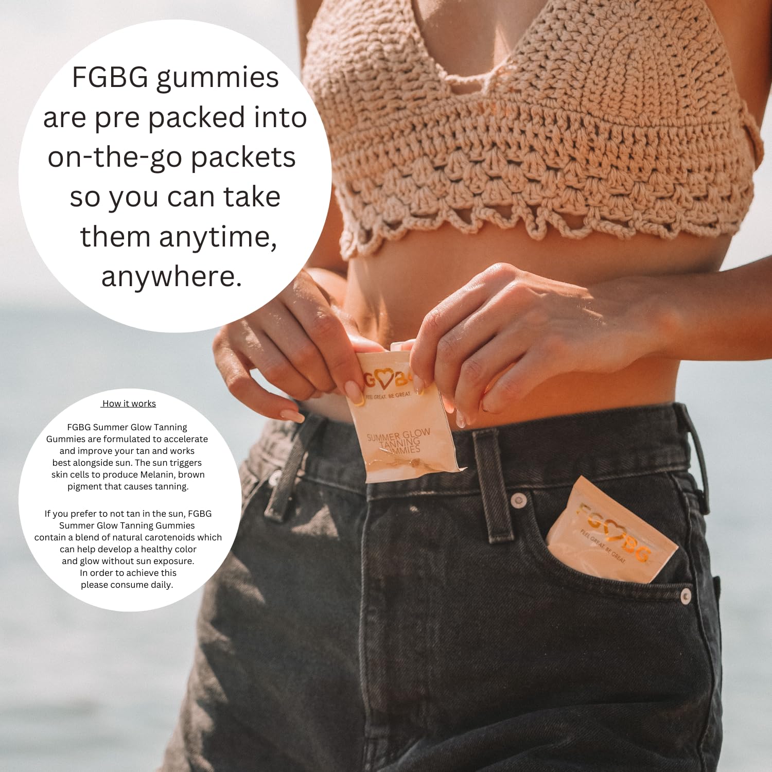 FGBG Summer Glow Gummies on-the-go use demonstrates simple daily routine anywhere.