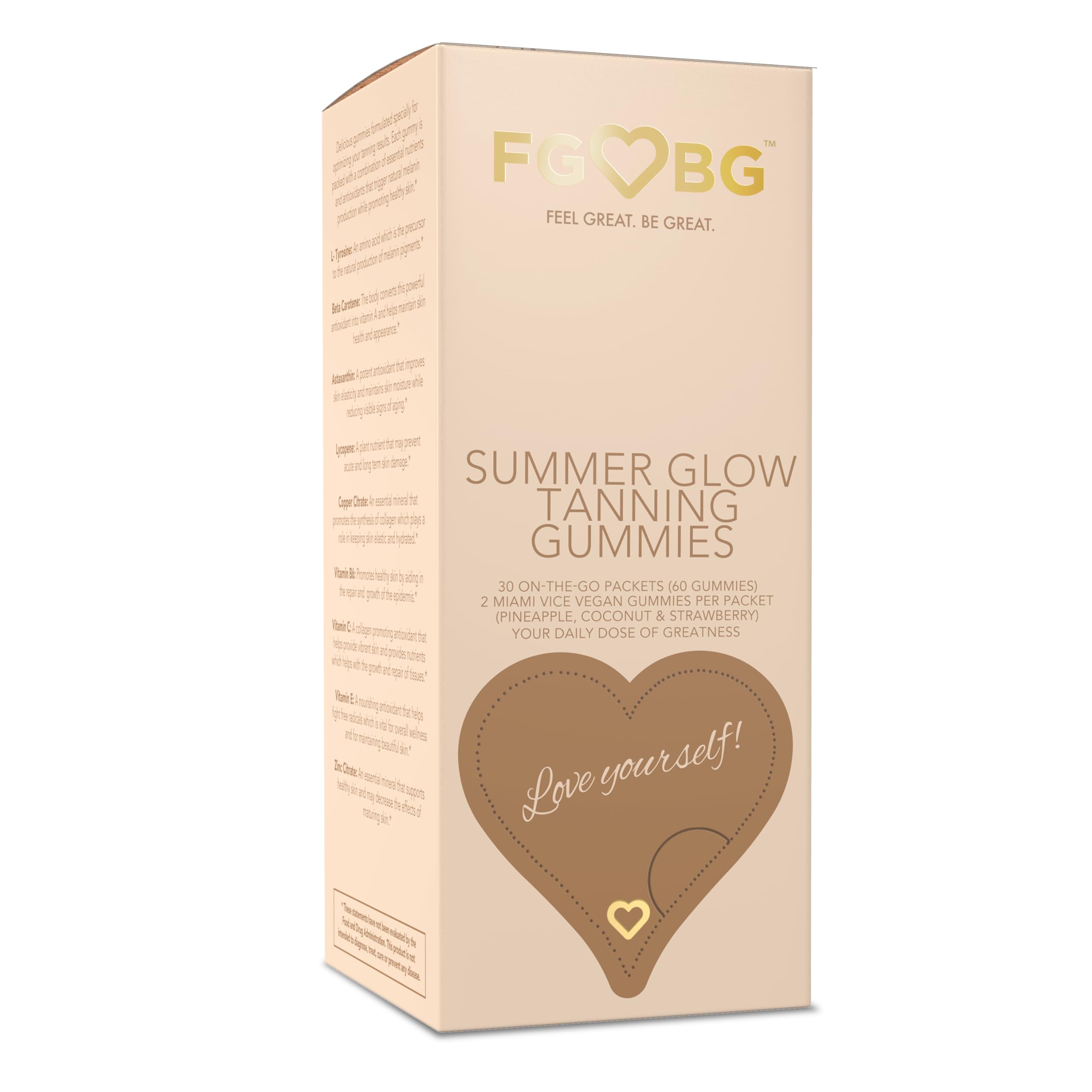 FGBG Summer Glow Gummies packaging shows portable vegan nutrition for a natural sun-kissed look.