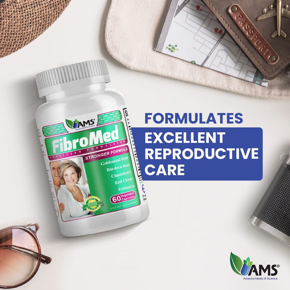 FibroMed label close-up highlighting herbal blend from America Medic & Science