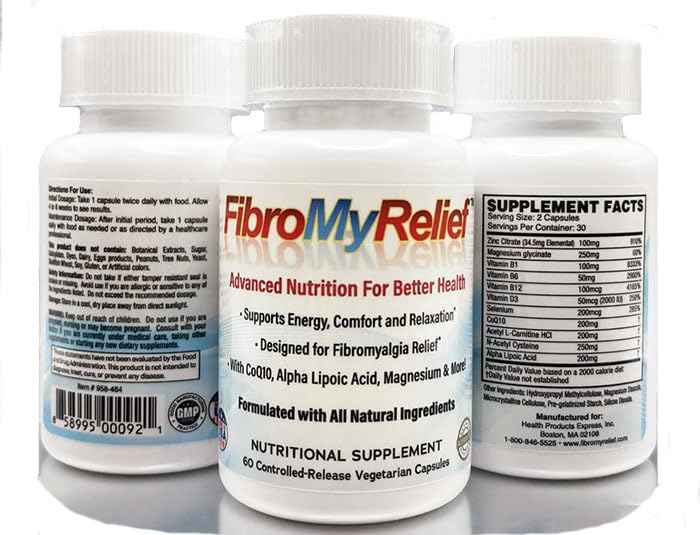 FibroMyRelief packaging box displays 180 capsules and pharmacist-led formulation.
